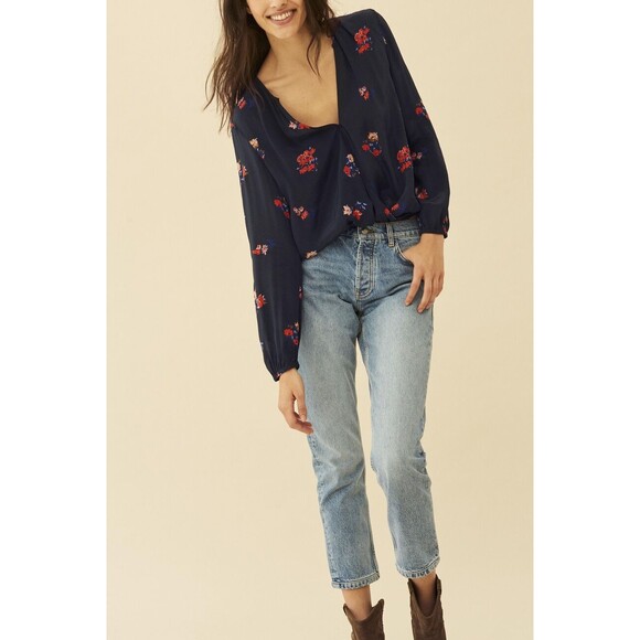 Ba&sh Carly Blouse Top Wrap Dark Blue Floral Printed Flowy Long Sleeve S 251853 - Picture 1 of 7